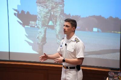 Dylan Palmer '24 presented his ֻ̳honors thesis, “Drone Countermeasures, Ethics, and Drones’ Effects on a Modern Battlefield.”