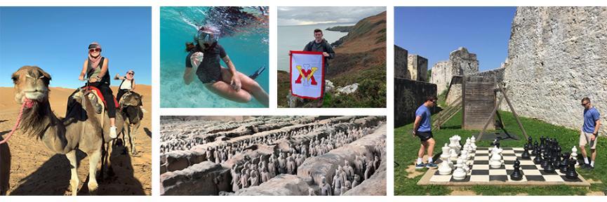 Photo collage of cadets from left to right: riding a camel, snorkeling, standing with a ֻ̳flag atop an Irish cliff, and the Terracotta soldiers 
