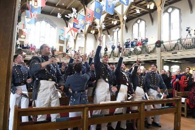 ֻ̳graduates toss their gloves in a tradition that concludes the commencement ceremony and their time in the Corps of Cadets at the military college.